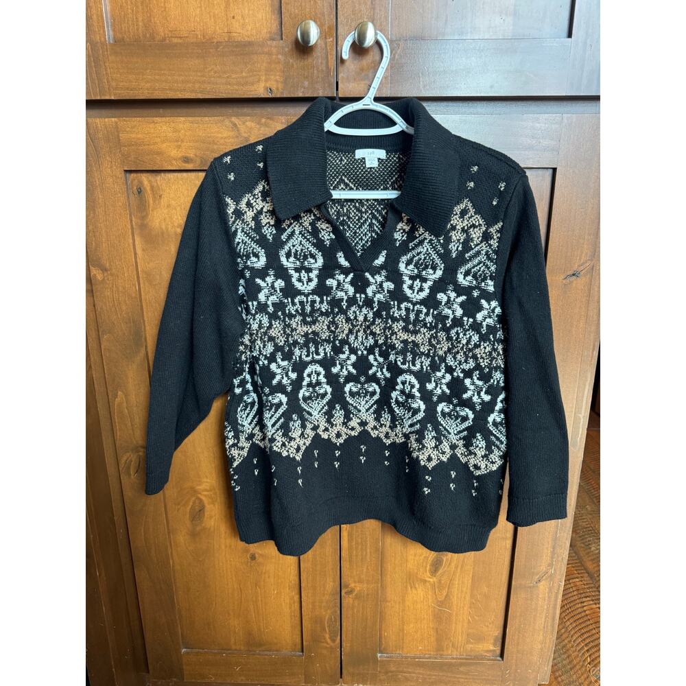 J. Jill Black Intarsia Knit Sweater XL Petite Folk Pattern Collared Pullover